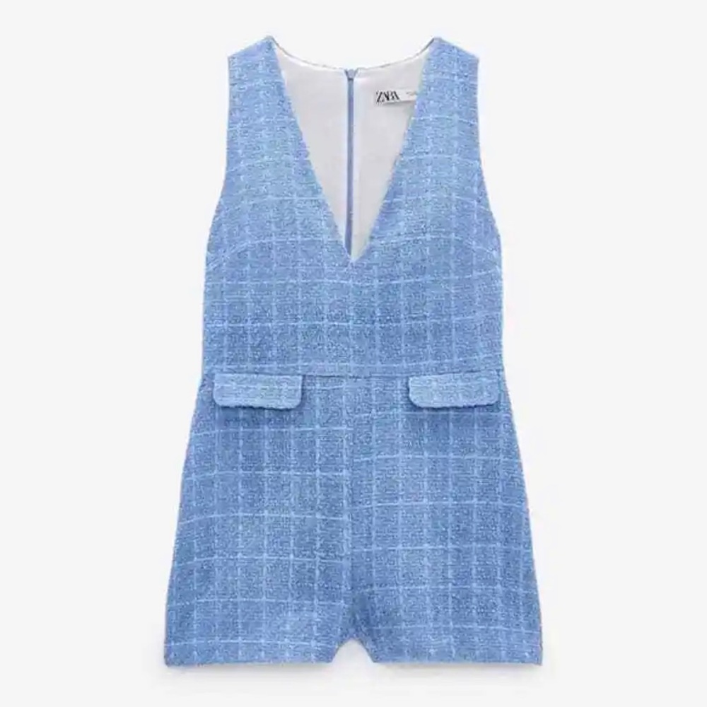 ZARA Blogger Favorite Short Texture Weave Sky Blue Jumpsuit Romper 2391/397